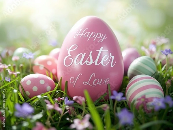 Fototapeta Pink easter egg with happy easter message in a field of flowers
