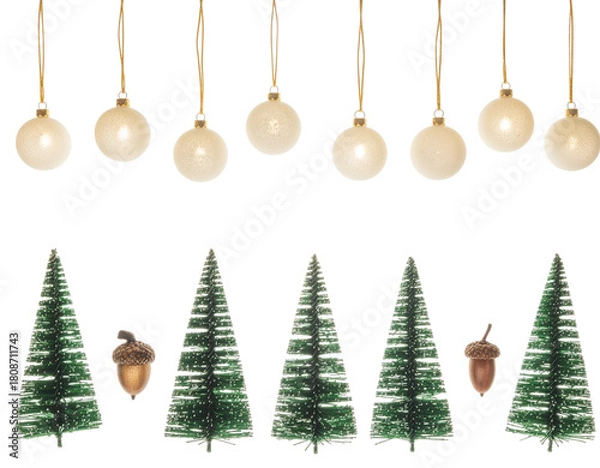 Fototapeta Christmas decoration with white baubles, green fir trees and acorns isolated on transparent background