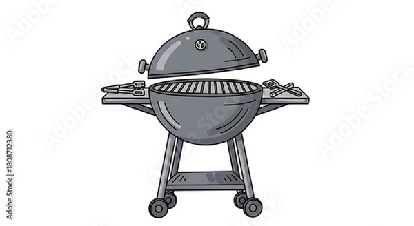 Obraz Round charcoal grill with lid and wheels for outdoor cooking  