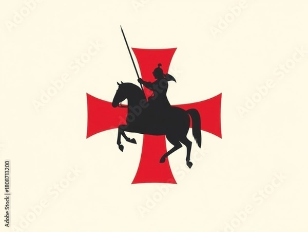 Fototapeta Silhouette of a knight on horseback with a lance against a red cross