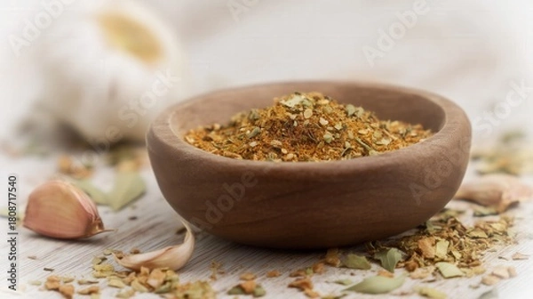 Fototapeta Aromatic spice blend with garlic in a wooden bowl. Generative AI