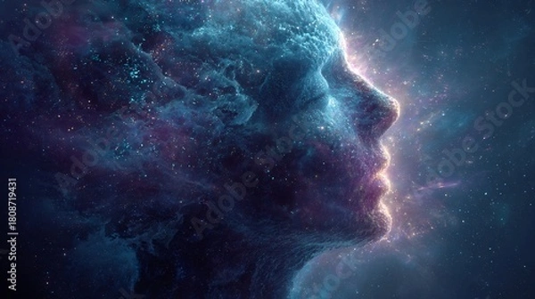 Obraz Conscious universe paradox glowing human form dissolving into galaxies symbolic fusion of mind cosmos surreal philosophical cosmology art