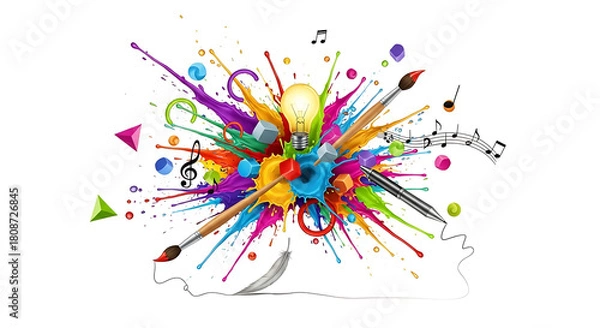 Fototapeta Creative Idea Explosion: Light Bulb, Paint Brushes, Music Notes, and Abstract Color Splash new