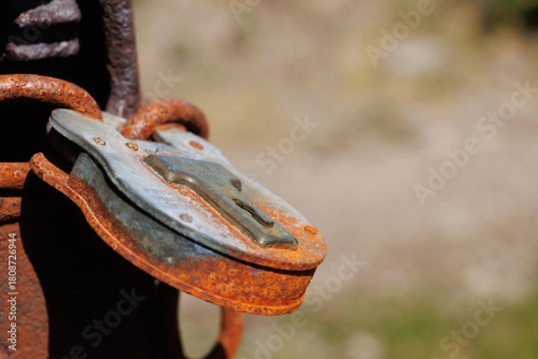 Obraz Close-up of old-fashioned metal padlock on gatepost
