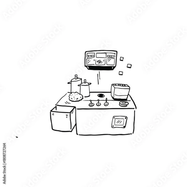 Obraz Outline illustration of a kitchen interior with appliances and furniture