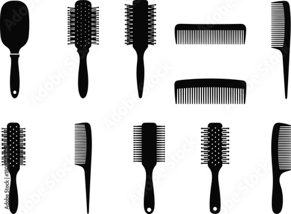 Obraz Silhouette vector set of combs and hairbrushes for hair grooming, styling, detangling, curling, smoothing, beauty salon and accessories