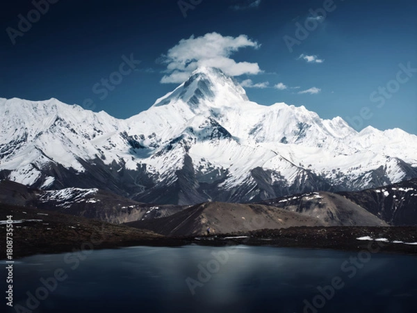 Obraz Snowcapped Mountain Peak Reflecting in Alpine Lake, Sichuan China