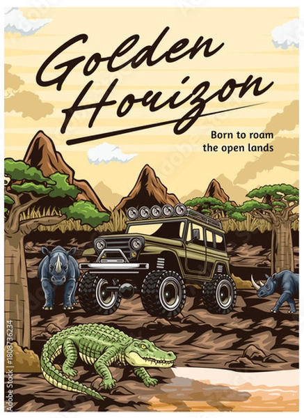 Obraz Poster design with illustrations of wild animals that capture the wild nature of Africa and the freedom of adventure