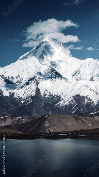 Obraz Majestic Snowcapped Mountain Peak Above Pristine Alpine Lake, Sichuan China
