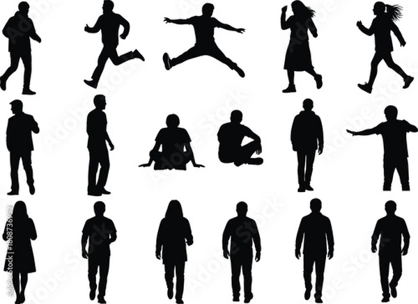 Obraz Silhouette vector set of diverse human poses including walking, jumping, sitting, running, gesturing for animation, design, and motion study