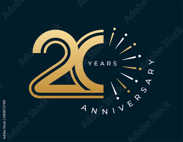 Fototapeta 20 Years Anniversary with fireworks design vector illustration. Unique 20 years logo design template. In gold color.