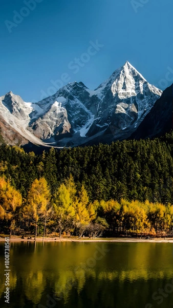 Obraz Snowcapped Mountain Peaks Reflecting in Alpine Lake, Sichuan China