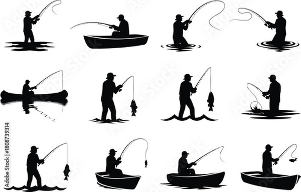 Obraz Silhouette vector set of people fishing in boat, river, and shore with rod, fish catch, outdoor activity and nature