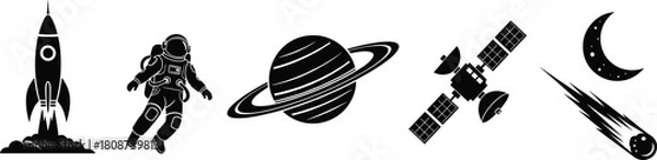 Fototapeta Silhouette vector set of space elements including rocket, astronaut, planet, satellite, moon, and comet for cosmic-themed design projects
