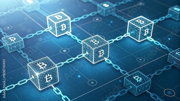 Fototapeta Blockchain network with bitcoin cubes on blue background