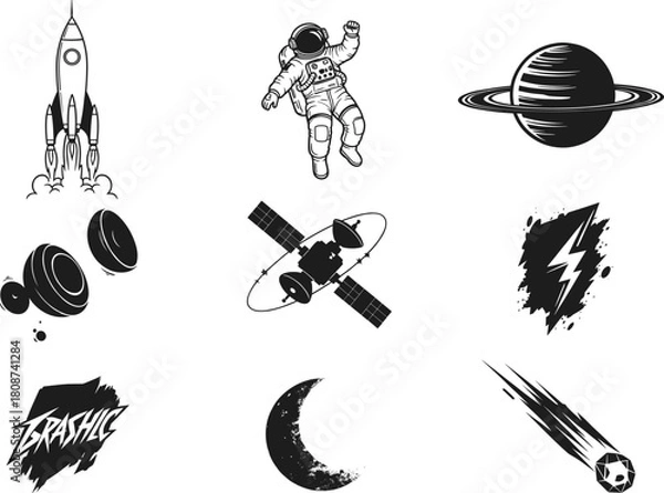 Obraz Silhouette vector set of space icons including rocket, astronaut, planet, satellite, moon, comet, crater, lightning, and typography