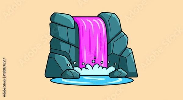 Fototapeta Vibrant Pink Waterfall Cascading Between Rocks into a Blue Pond.