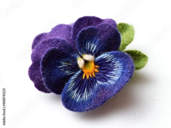 Obraz Close up of a Glittering Purple Pansy Flower with Green Leaves Isolated on White Background