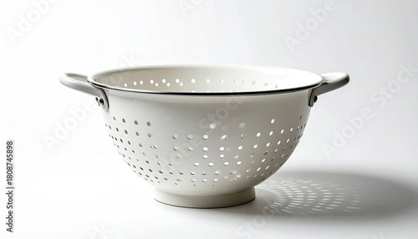 Obraz White metal colander with holes, handles on a white backdrop