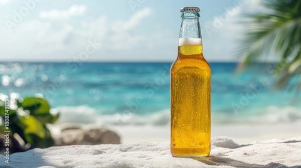 Obraz product studio photography of a tall skinny clear glass beer bottle of translucent yellow lager with subtle ice cold coindensation on a white background 