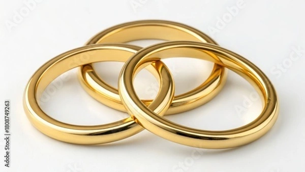 Obraz Three interlocking golden rings on a light surface, symbolizing unity and commitment.