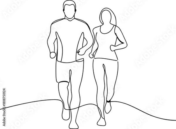 Obraz Couple Running Together Continuous Line Drawing Style