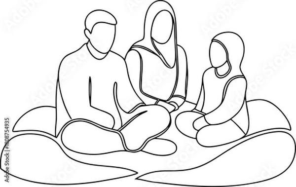 Obraz Muslim family sitting together continuous line drawing