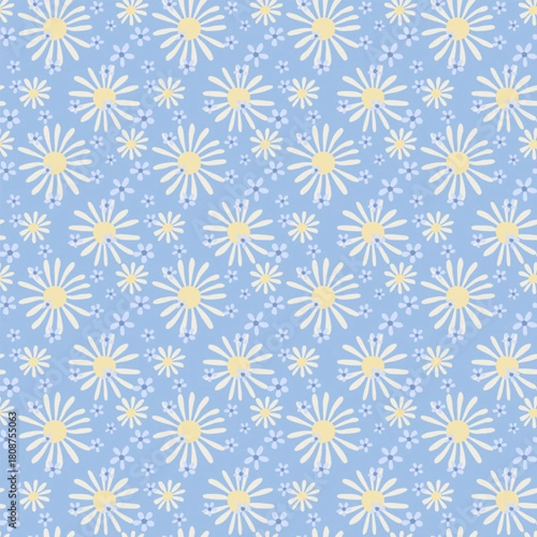 Fototapeta Seamless vector floral pattern with white daisies and small blue flowers on a soft sky-blue background. Light and fresh spring design for fabric, wrapping paper, and decor