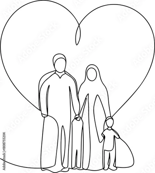 Obraz Muslim family line art under heart shape outline