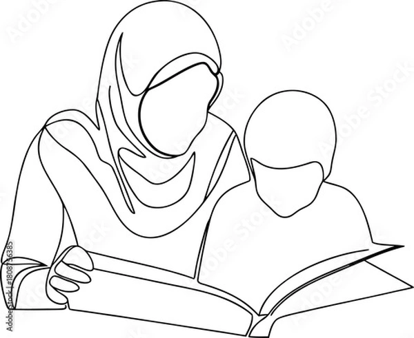 Obraz Muslim woman reading with child one line drawing