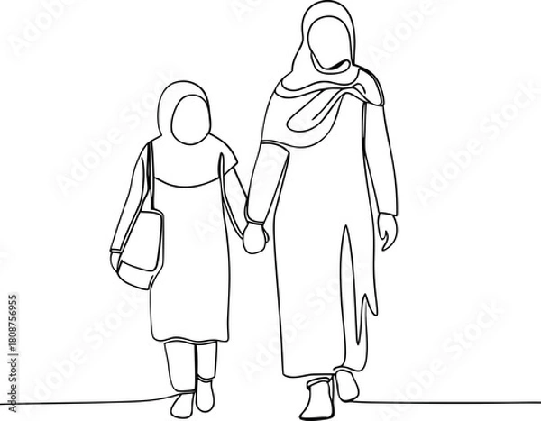 Obraz One line drawing of muslim mother and daughter