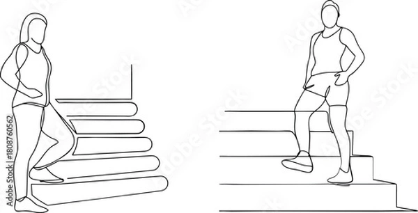 Obraz Woman exercising climbing stairs one line drawing vector