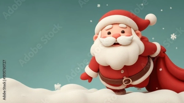 Obraz Cute 3D Santa Claus peeking from red curtain with snow
