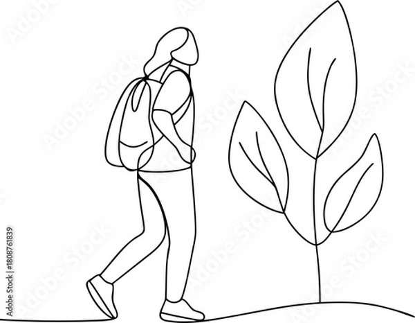 Obraz Woman walking with backpack in nature one line art