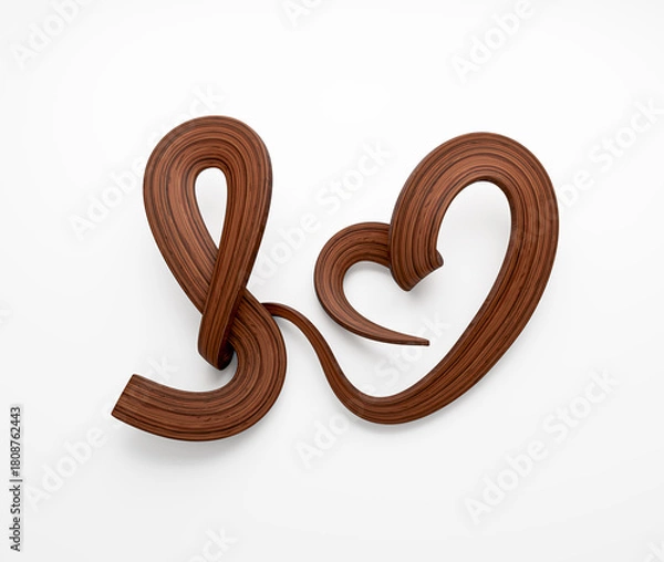 Fototapeta Elegant walnut wood sculpture forming abstract ribbons and a heart shape. 3D illustration