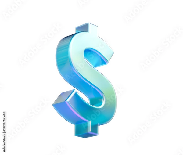Fototapeta 3D Shiny iridescent dollar symbol in cool blue tones with soft glow and depth, 3D Illustration