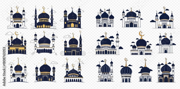 Fototapeta Collection of various mosque illustrations with domes and minarets, featuring Islamic architecture designs and religious symbols.