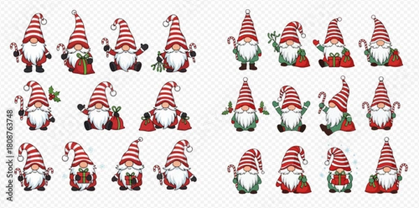 Fototapeta A collection of cute Christmas gnomes with striped hats, holding gifts and candy canes, in various festive poses.