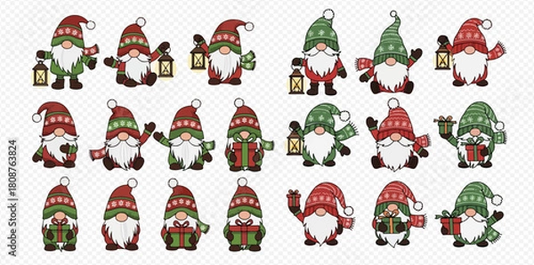 Fototapeta A collection of cute Christmas gnomes in red and green hats, holding lanterns and gifts, perfect for holiday decorations.