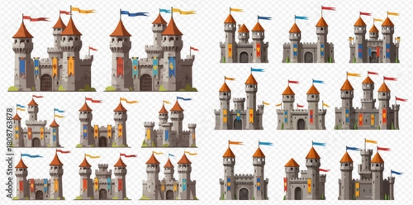 Fototapeta Collection of various cartoon medieval castles with towers, flags, and gates, featuring different designs for fantasy games or storybooks.