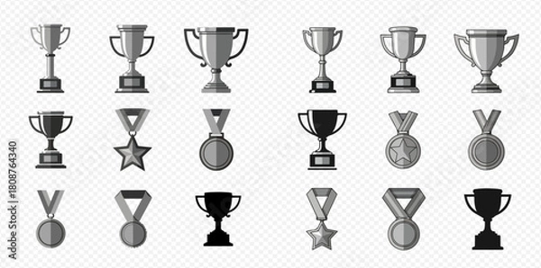 Fototapeta A collection of various silver and gray trophies and medals on a transparent background, representing achievement and success.