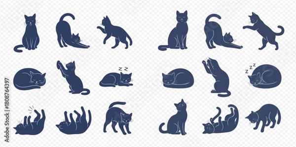 Fototapeta Collection of dark blue cat silhouettes in various poses on a transparent background.