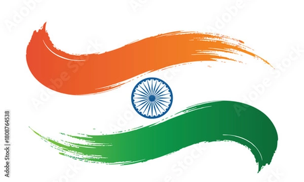 Fototapeta Abstract Brush Stroke Indian Flag Design, Wavy Indian Flag with Ashoka Chakra, Tiranga (Tricolor) Waving Paint Stroke, India Republic/Independence Day Background