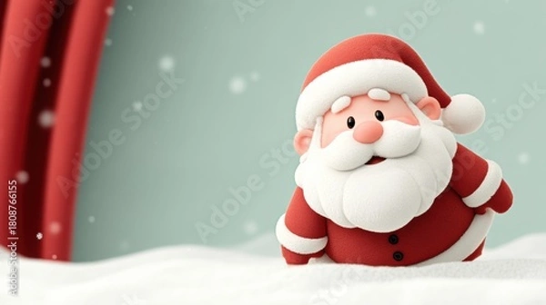Fototapeta Cute 3D Santa Claus peeking from red curtain with snow