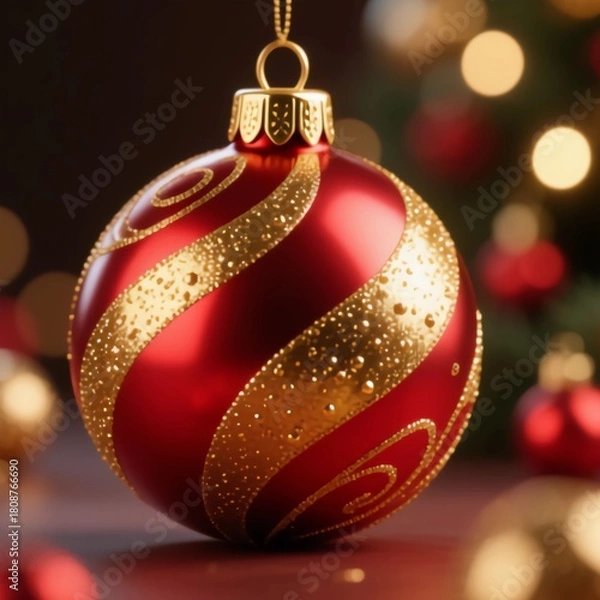 Obraz a red and gold christmas ball on a wooden table