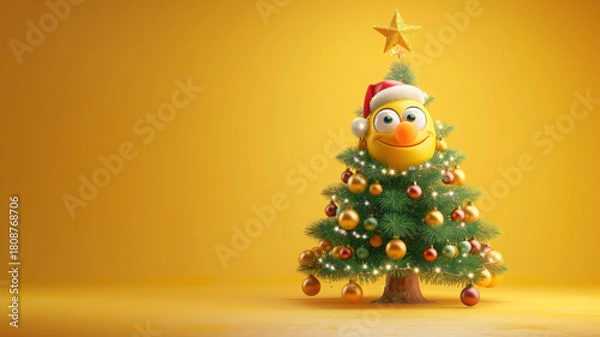 Fototapeta Christmas tree with emoji face and Santa hat on yellow background