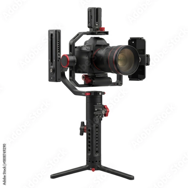 Fototapeta Professional camera setup on a gimbal stabilizer providing cinematic footage readiness isolated