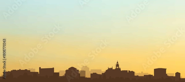 Fototapeta Panoramic poster of the city skyline with misty background buildings, hills sunrise, sunset and clouds of PORTO, PORTUGAL