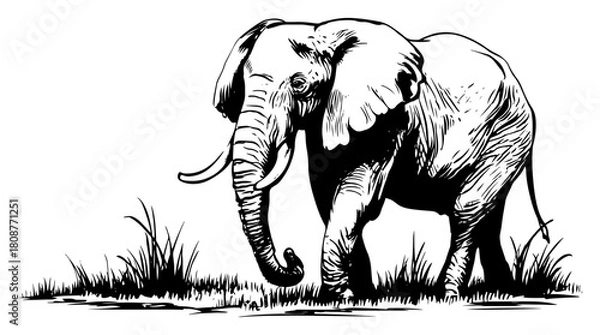 Fototapeta African Elephant Standing In Grassland Wildlife Safari Sketch Vector