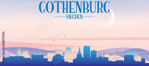 Fototapeta Panoramic poster of the city skyline with misty background buildings, hills sunrise, sunset and clouds of GOTHENBURG, SWEDEN